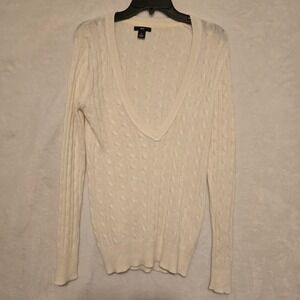 Gap Womens Medium Cream Cable Knit Deep V-Neck Pullover Sweater Off White